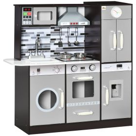 Qaba Brown Wooden Kids Kitchen Playset | Interactive Washing Machine and Water Dispenser