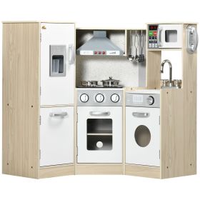 Qaba White Corner Wooden Play Kitchen | Interactive Ice Maker and Play Phone