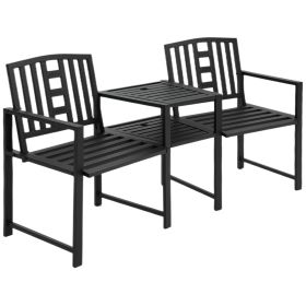 Outsunny Metal Garden Bench Loveseat with Umbrella Hole & Armrests, for Patio, Porch, Backyard