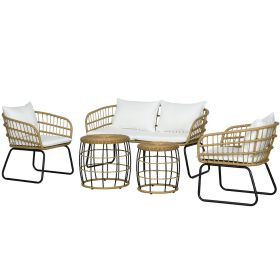 Outsunny 5-Piece PE Rattan Outdoor Set Cushioned Chairs Loveseat Sofa & Coffee Tables Cream White