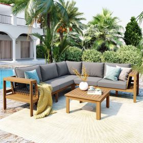 GO 4 Pieces Outdoor Acacia Wood Sofa Set, Woven Mesh Armrests, L-Shaped Patio Furniture Sofa Set with Coffee Table