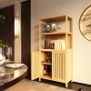Bamboo Storage Cabinet, Freestanding Bathroom Cabinet with 2 Doors, Floor Cabinet Organizer for Living Room, Kitchen, Entryway