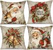 Christmas Pillow Covers 18x18 inch Set of 4 Santa Claus Reindeer Decorative Vintage Throw Pillow Covers Winter Retro Farmhouse Decoration for Home Cou
