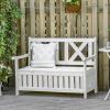 Outsunny Garden Storage Bench 2-Seater Outdoor Deck Box with Elegant Design Louvered Panels Solid Wood White