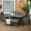 Outsunny 6 Pieces Patio Dining Set, 6 Seater Outdoor Table and Chairs Loveseat with Umbrella Hole, Cushions, for Poolside, Backyard, Dark Gray