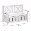 Outsunny Garden Storage Bench 2-Seater Outdoor Deck Box with Elegant Design Louvered Panels Solid Wood White