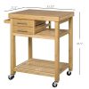 HOMCOM Bamboo Kitchen Island Cart on Wheels - Utility Trolley with 2 Drawers & Open Shelves, Bamboo Tone