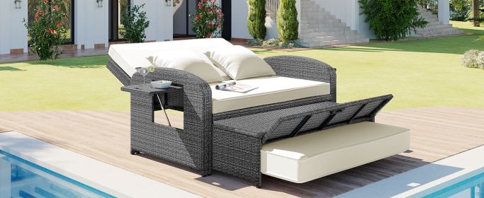 TOPMAX PE Wicker Rattan Double Chaise Lounge, 2-Person Reclining Daybed with Adjustable Back and Cushions, Free Furniture Protection Cover (Color: as Pic)