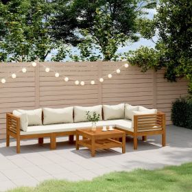 6 Piece Patio Lounge Set with Cream Cushion Solid Acacia Wood (Color: Cream)