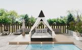 Outdoor Daybed Patio Lounge Bed with Adjustable Backrest Outdoor Double Sun Lounger with Curtains, 4 Pillows for Garden Patio Poolside Balcony Beach
